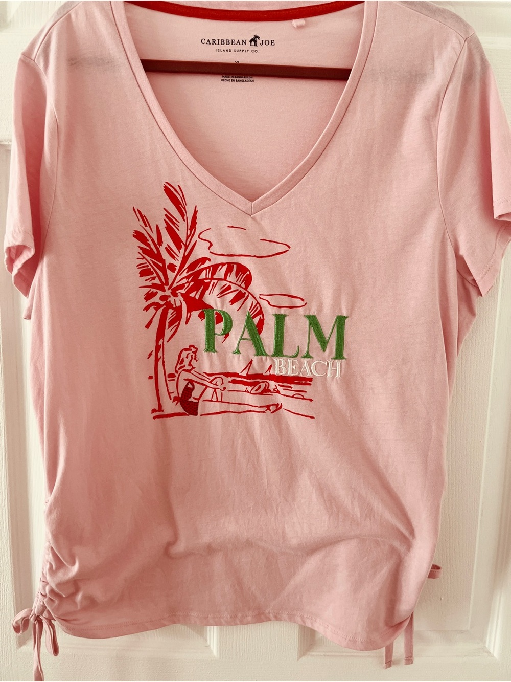 Caribbean Joe Pink V-Neck Tee with Red Palm Graphic and Green 'PALM' Text